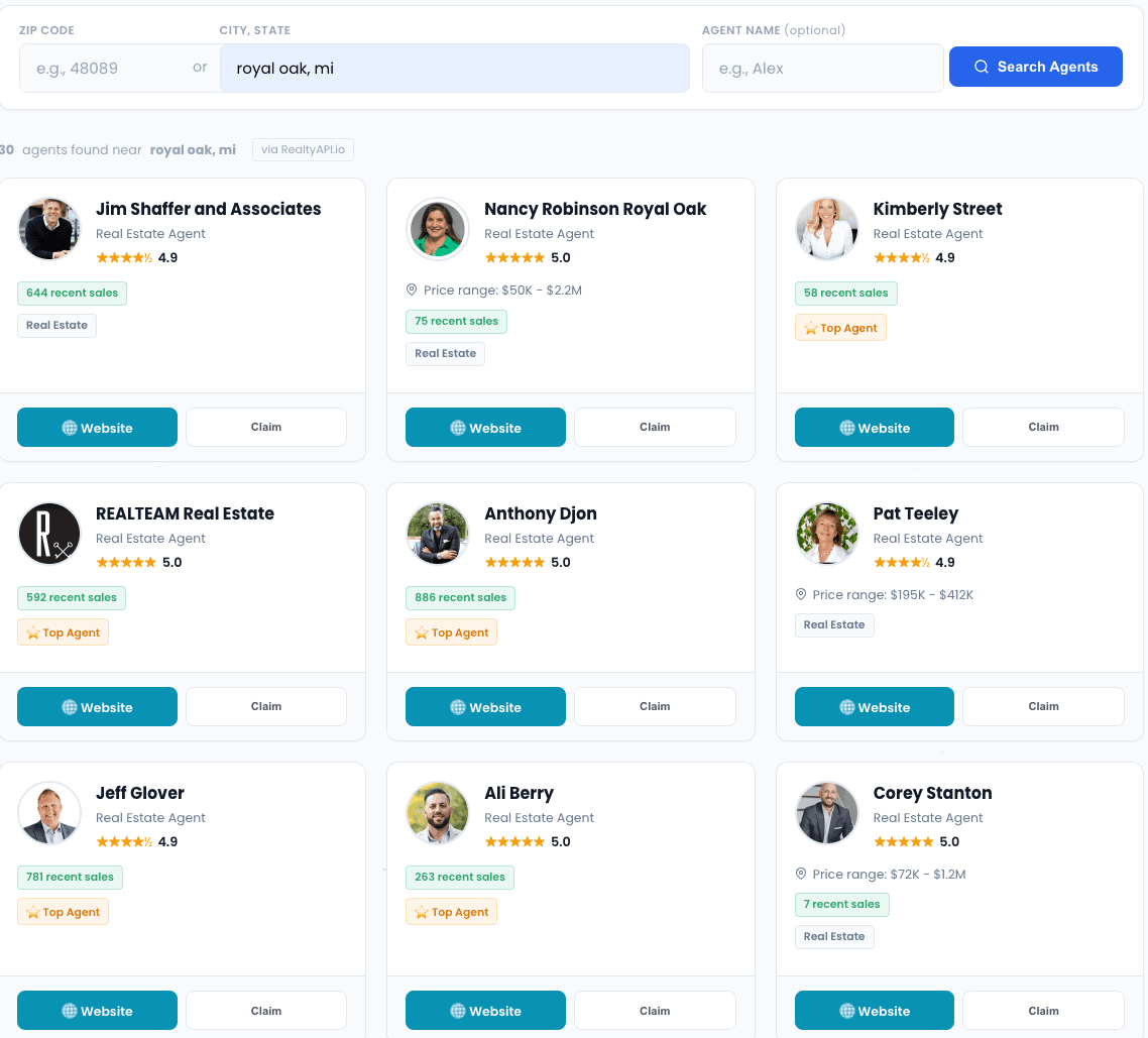 Find an Agent directory showing verified agents that investors can connect with